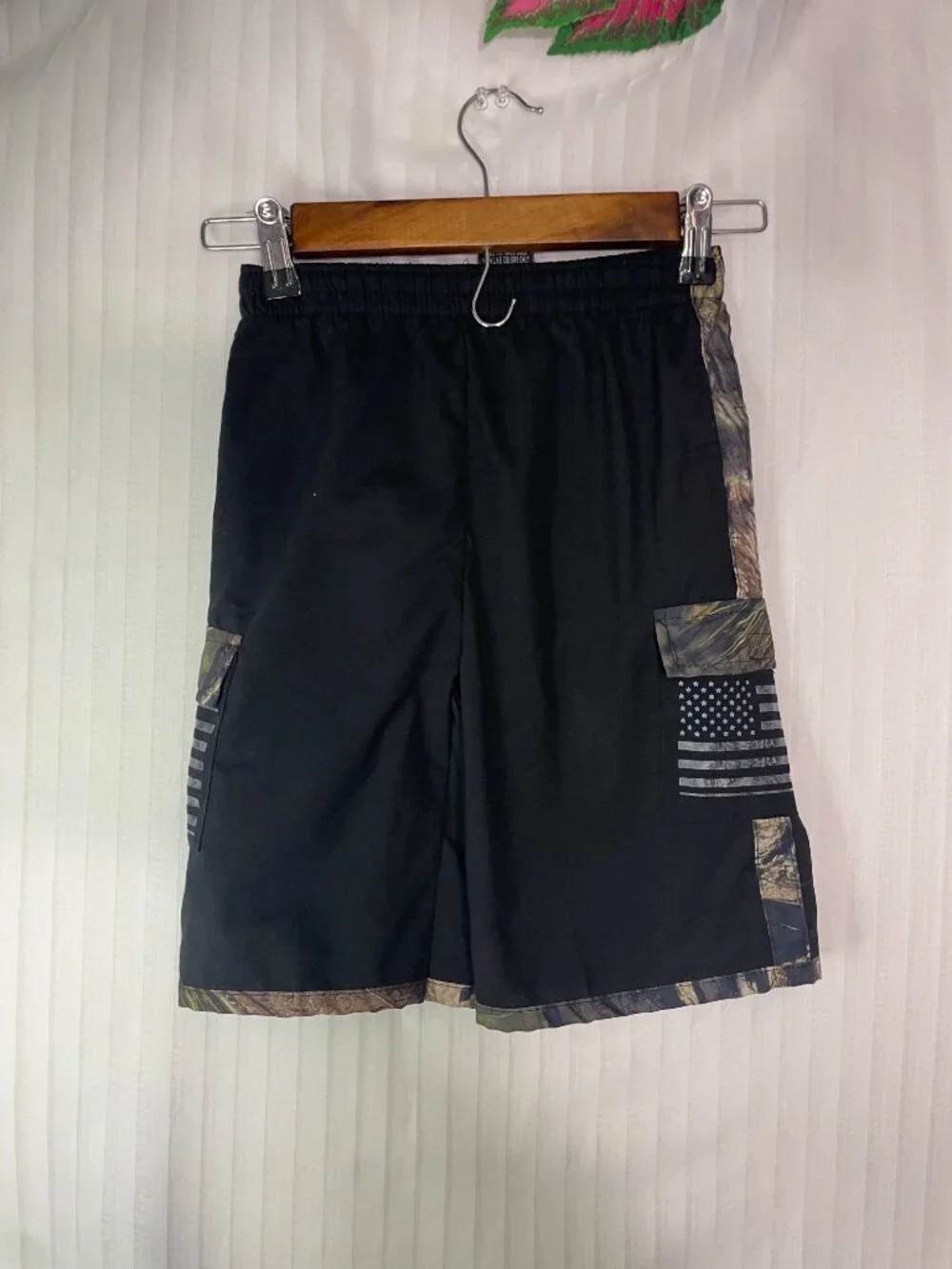 Mossy Oak Boys Size 7 Swim Trunks Black Camo American Flag Board Shorts